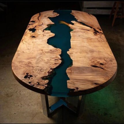 Top view of the Sylva Home custom arc edge epoxy river dining table, model ET42