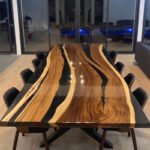 Top view of the Sylva Home custom black epoxy resin river table, model ET46.