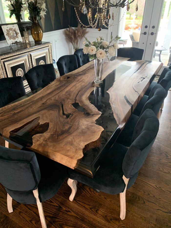 Full view of the Sylva Home custom black walnut dining epoxy resin river table, model ET9, highlighting its overall design and finish.