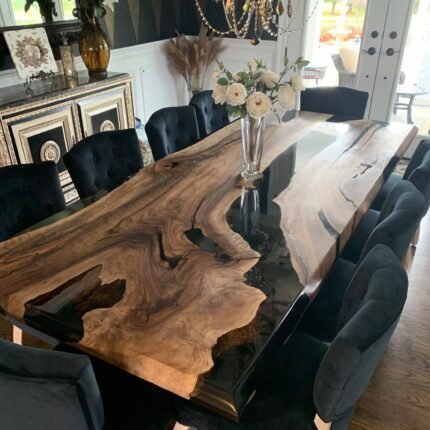 Side view of the Sylva Home custom black walnut dining epoxy resin river table, model ET9, showcasing the table’s edge and design.