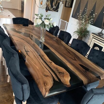 Top view of the Sylva Home custom black walnut dining epoxy resin river table, model ET9.