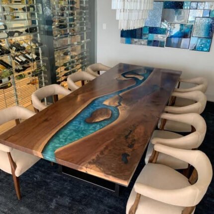 Top view of the Sylva Home custom black walnut epoxy blue river table, model ET10.