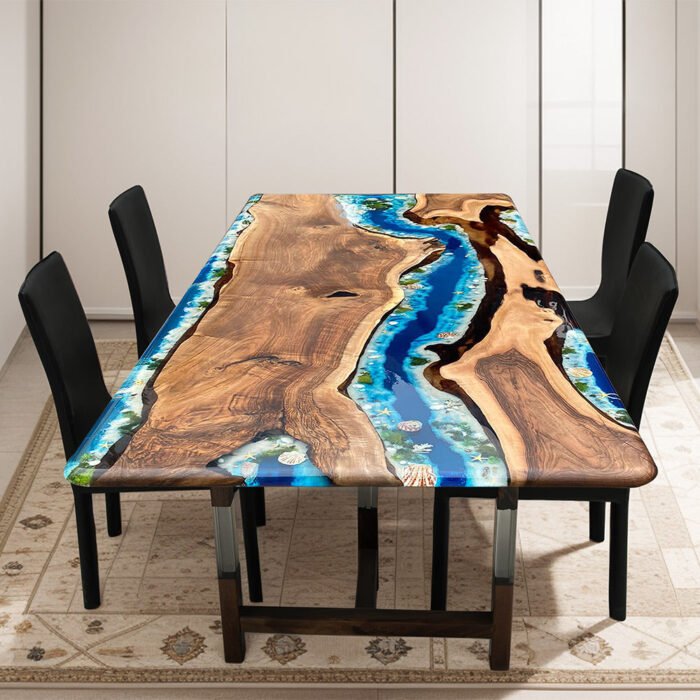 Top view of the Sylva Home custom black walnut epoxy ocean dining table, model ET38.