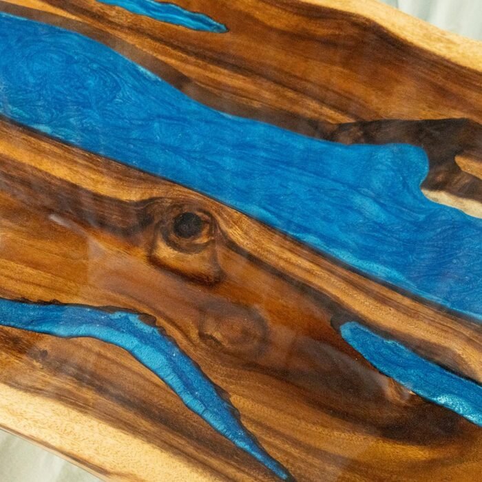 Close-up of the table surface finish on the Sylva Home custom black walnut epoxy resin river table, model ET2.