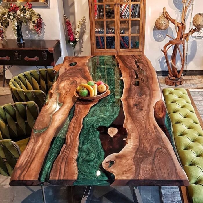 Top view of the Sylva Home custom black walnut epoxy resin river table, model ET2.