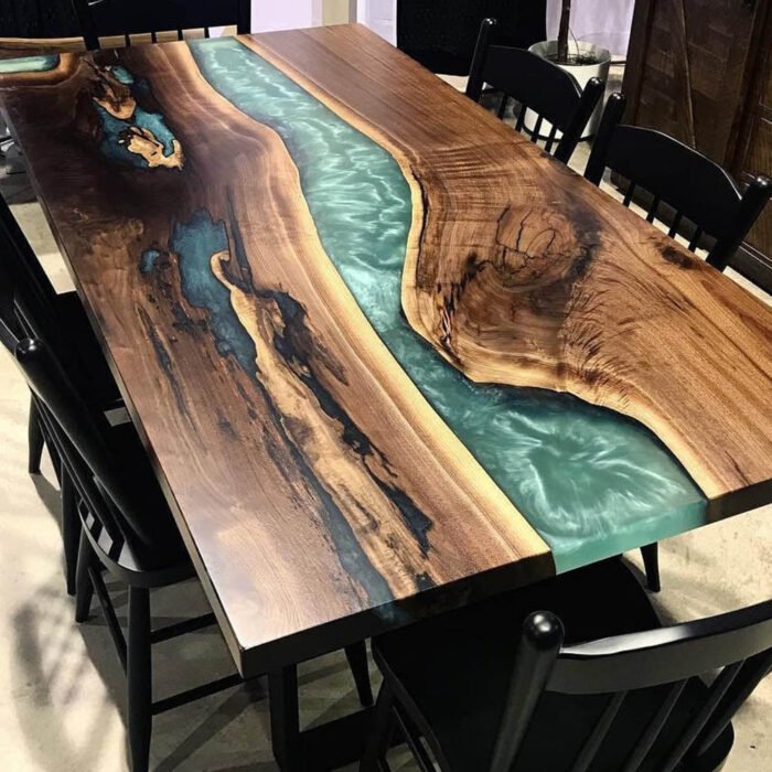 Top view of the Sylva Home custom black walnut epoxy resin table, model ET7.