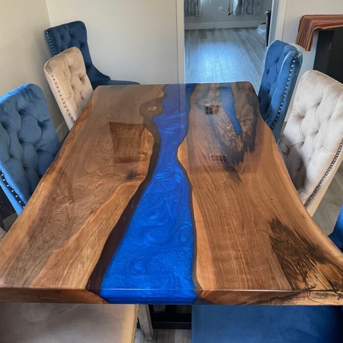 Close-up of the table surface finish on the Sylva Home custom black walnut epoxy river table, model ET51