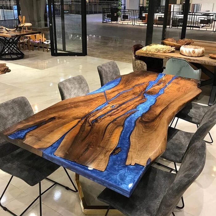 Top view of the Sylva Home custom black walnut live edge blue epoxy river table, model ET50.