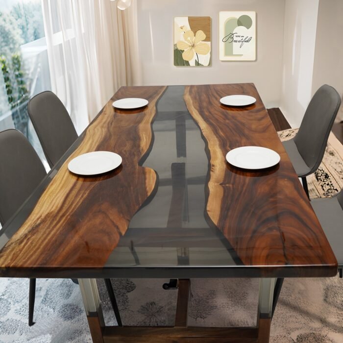 Full view of the Sylva Home custom black walnut slab epoxy river table, model ET56, highlighting its design and finish.