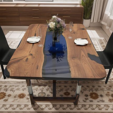 Side view of the Sylva Home custom black walnut slab epoxy river table, model ET56, showcasing the table's edge and legs.