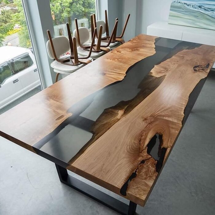 Top view of the Sylva Home custom black walnut slab epoxy river table, model ET56.