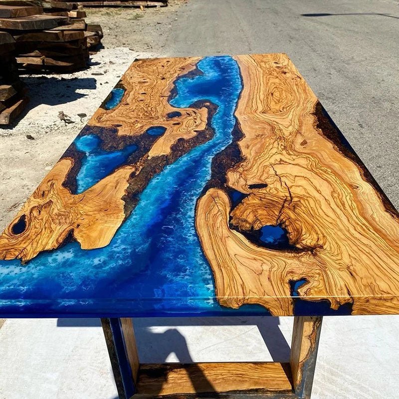 Top view of the Sylva Home custom blue epoxy resin river table, model ET13.