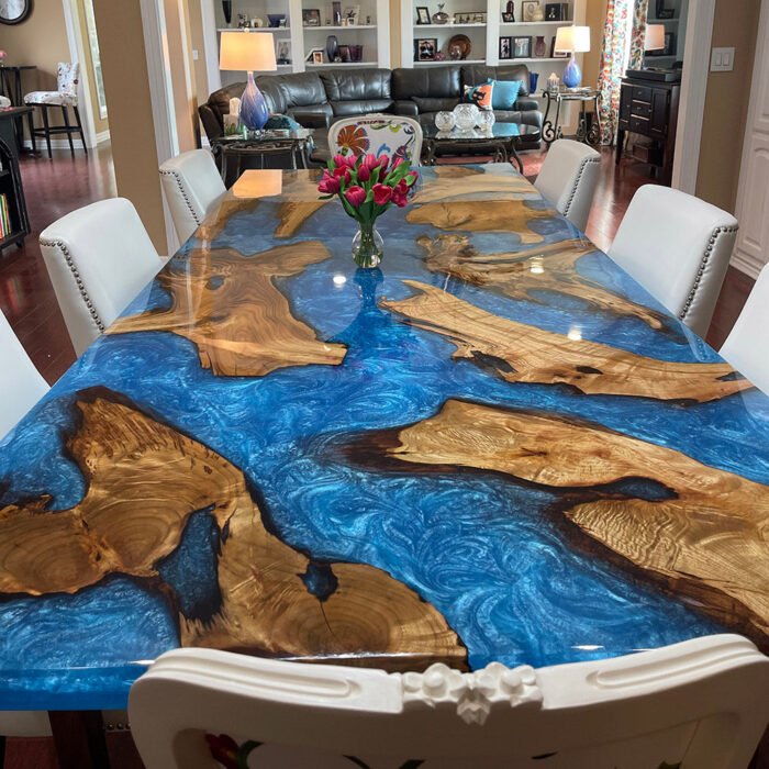 Close-up view of the epoxy resin detail on the Sylva Home custom Cunninghamia wood epoxy dining table, model ET53.