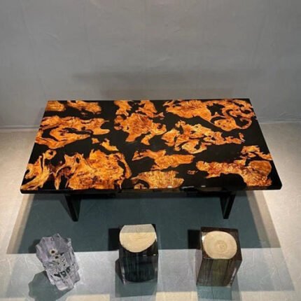 Side view of the Sylva Home custom epoxy resin dining room table, model ET15, showcasing the table’s edge and design.