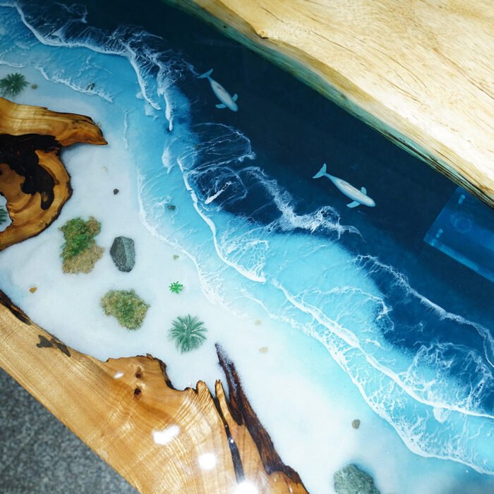 Close-up view of the epoxy resin detail on the Sylva Home custom epoxy resin ocean table, model ET55.