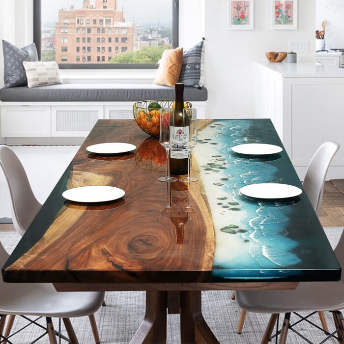 Full view of the Sylva Home custom epoxy resin ocean table, model ET55, highlighting its design and finish.