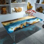 Top view of the Sylva Home custom epoxy resin ocean table, model ET55.