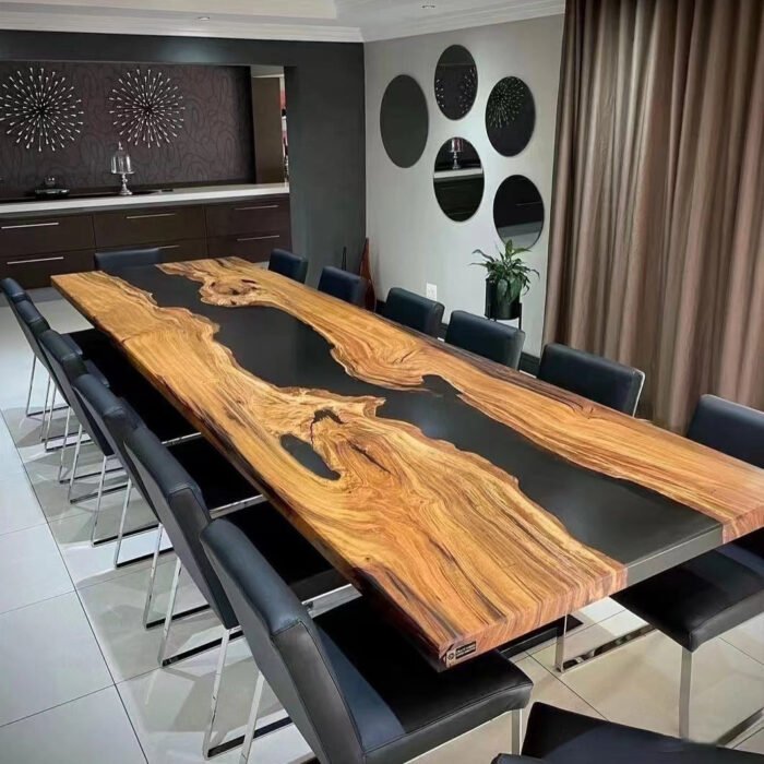 Full view of the Sylva Home custom epoxy resin river conference table, model ET18, highlighting its overall design.