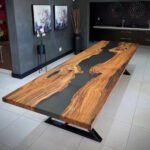 Top view of the Sylva Home custom epoxy resin river conference table, model ET18.