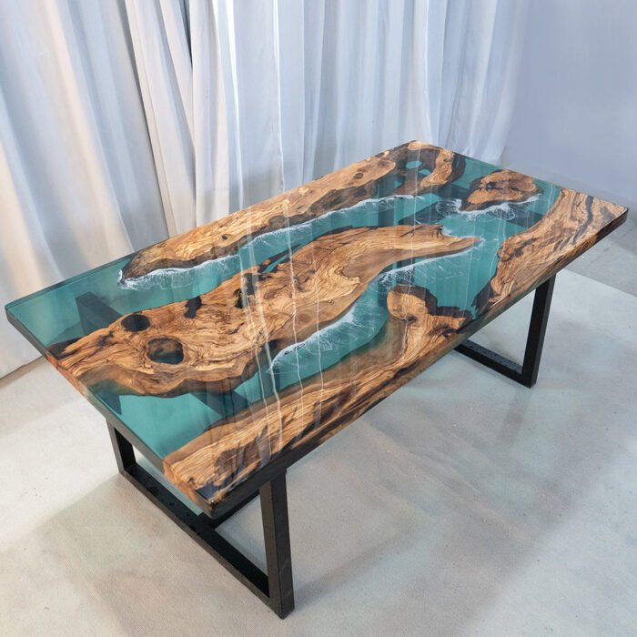 Top view of the Sylva Home custom epoxy resin river dining table, model ET47.