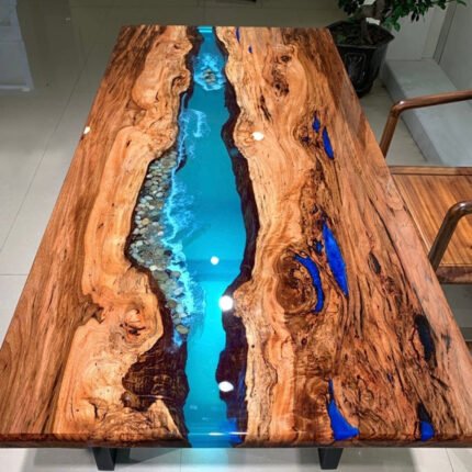 Top view of the Sylva Home custom epoxy walnut blue river dining table, model ET27.