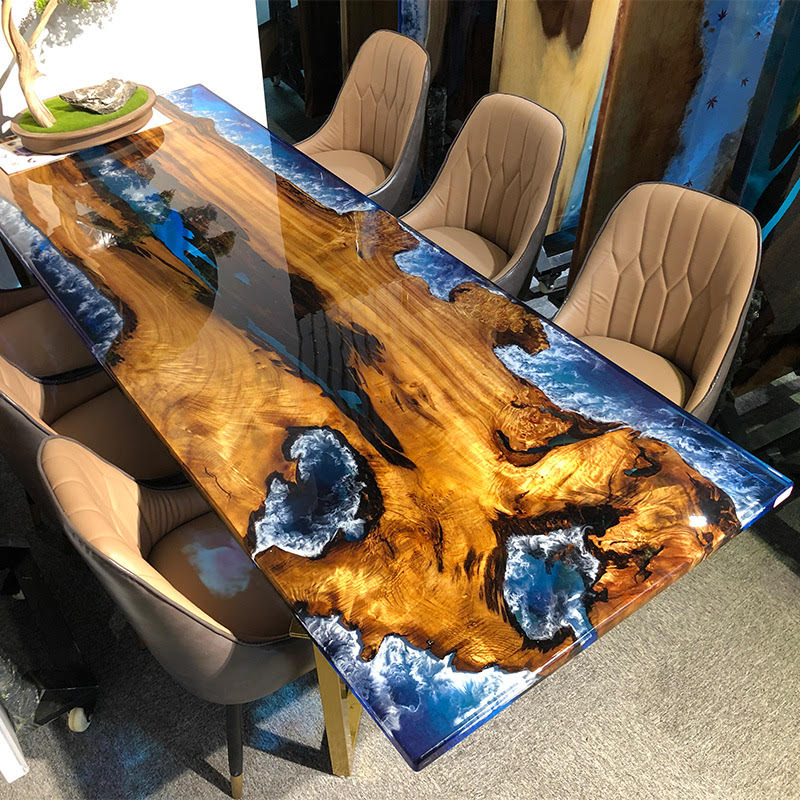 Top view of the Sylva Home custom epoxy walnut slab dining table, model ET19.