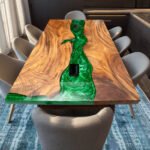 Full view of the Sylva Home custom green epoxy resin river conference table, model ET12, highlighting its overall design and finish.