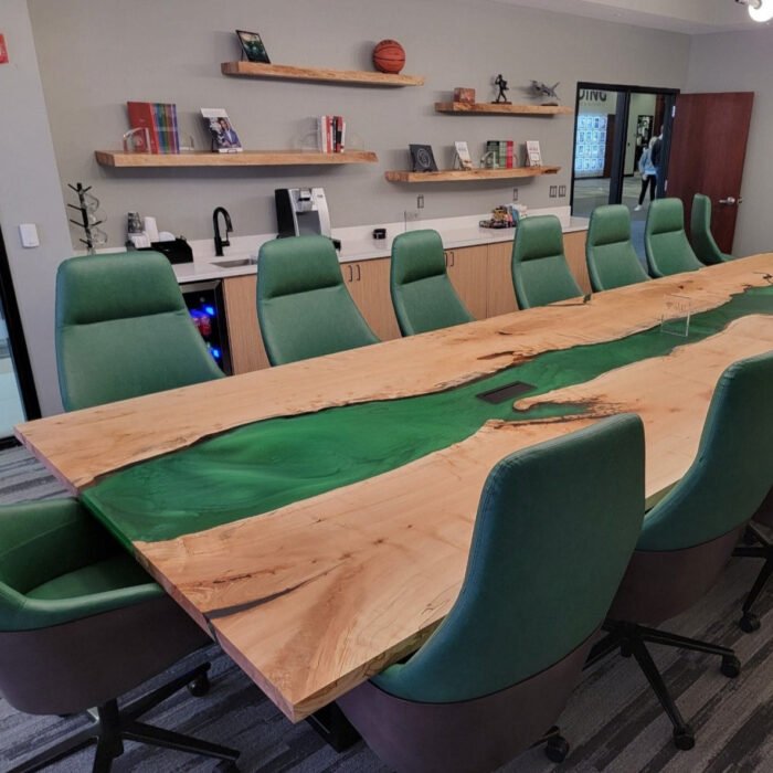 Side view of the Sylva Home custom green epoxy resin river conference table, model ET12, showcasing the table’s edge and design.