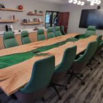 Top view of the Sylva Home custom green epoxy resin river conference table, model ET12.