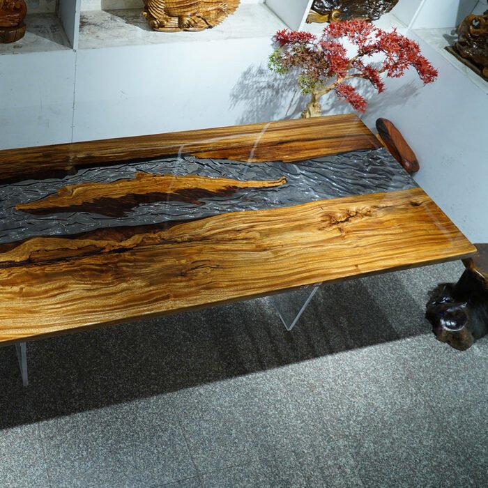 Angled view of the Sylva Home custom ice crack epoxy resin dining table, model ET26, showcasing its overall aesthetic.