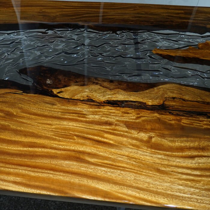 Close-up view of the epoxy resin detail on the Sylva Home custom ice crack epoxy resin dining table, model ET26