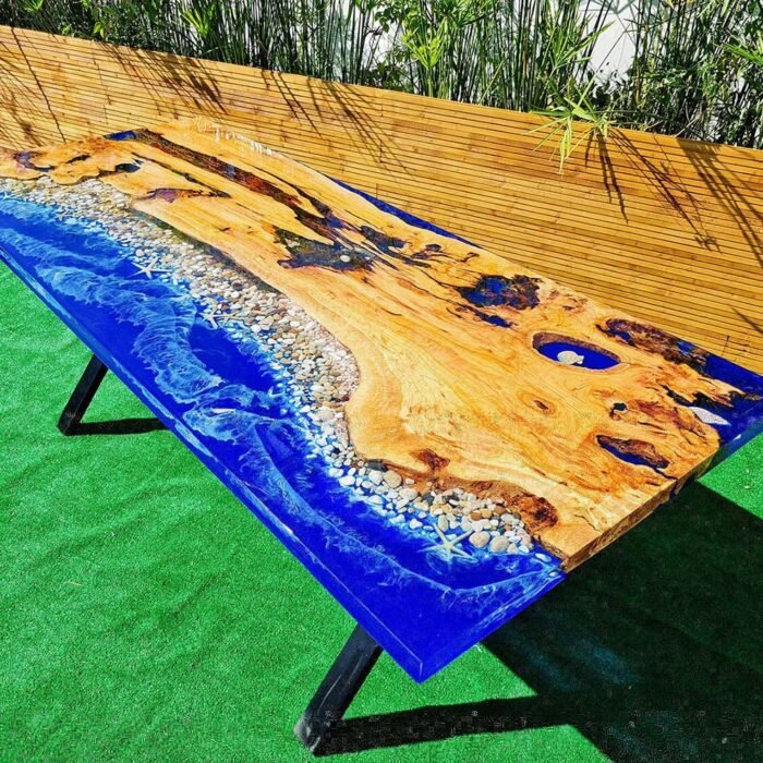 Top view of the Sylva Home custom ocean epoxy resin dining table, model ET3.