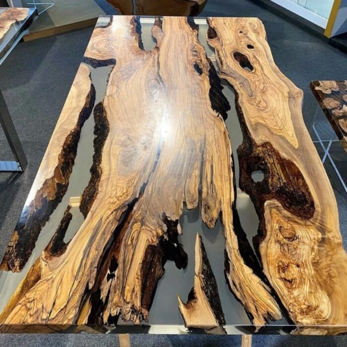 Full view of the Sylva Home custom olive live edge dining table with epoxy, model ET44, highlighting its design and finish.