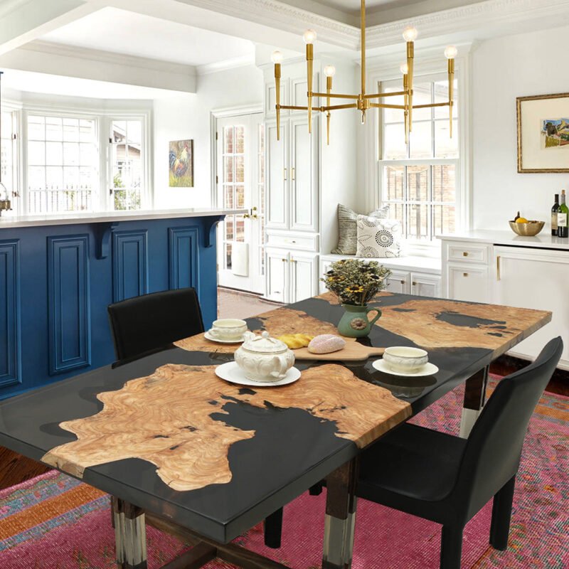 Top view of the Sylva Home custom olive wood epoxy dining table, model ET48.