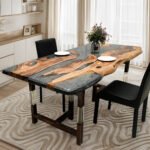 Full view of the Sylva Home custom olive wood epoxy river dining table, model ET40, highlighting its design and finish.