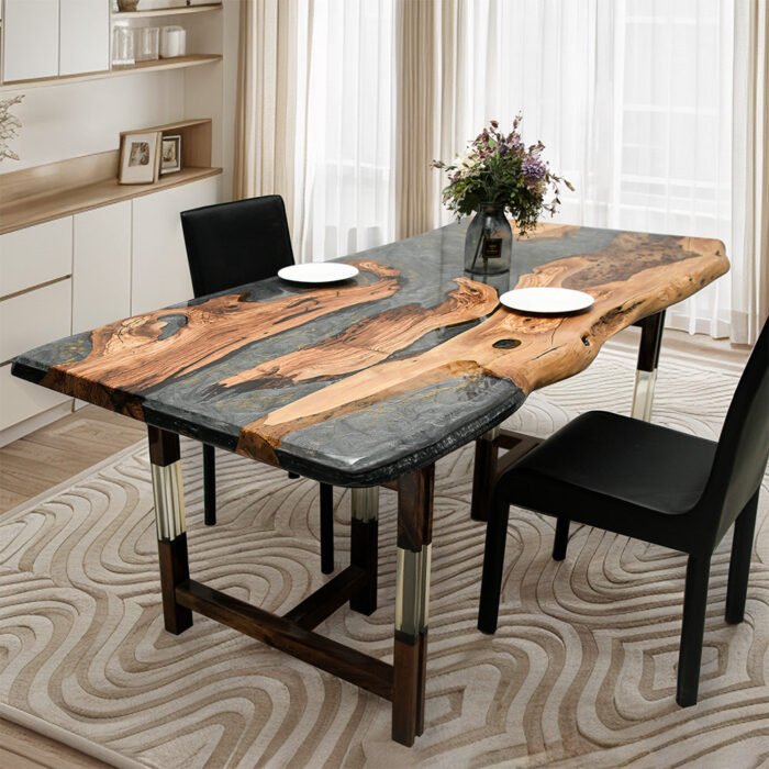 Full view of the Sylva Home custom olive wood epoxy river dining table, model ET40, highlighting its design and finish.