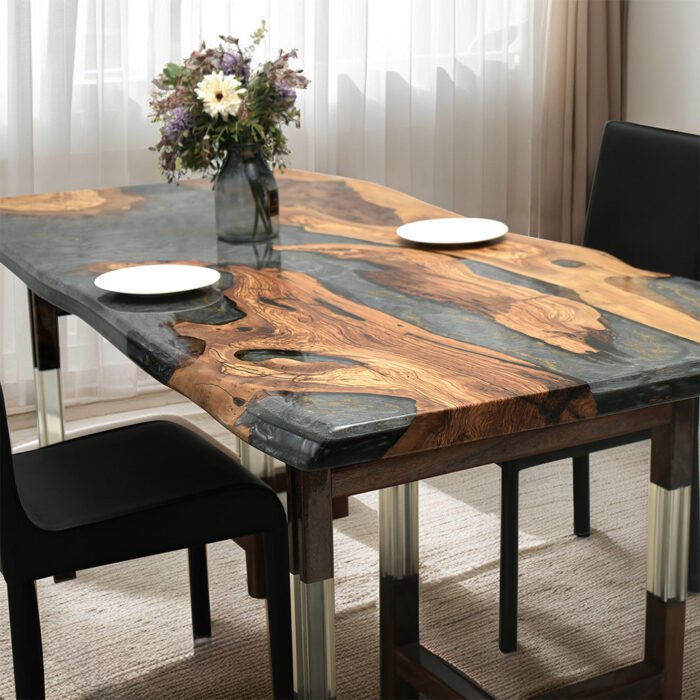 Top view of the Sylva Home custom olive wood epoxy river dining table, model ET40.