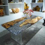 Top view of the Sylva Home custom olive wood ice cracks epoxy resin table, model ET22.