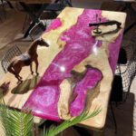 Top view of the Sylva Home custom pink epoxy resin river table top, model ET41.