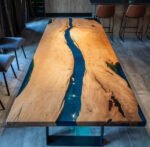 Full view of the Sylva Home custom walnut blue river table epoxy, model ET32, highlighting its design and finish.