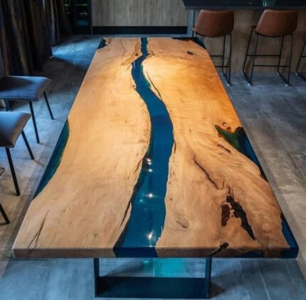 Full view of the Sylva Home custom walnut blue river table epoxy, model ET32, highlighting its design and finish.