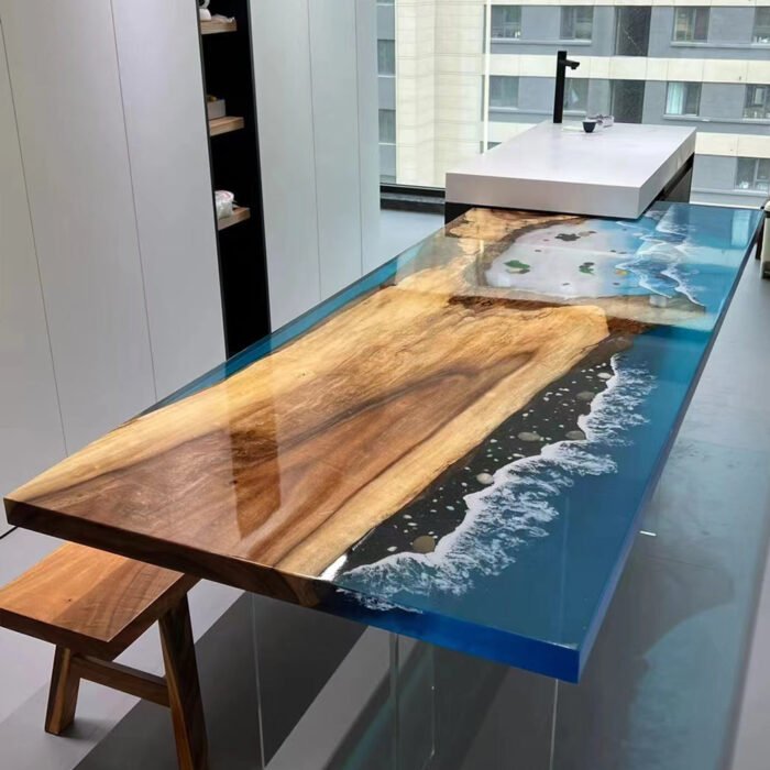 Top view of the Sylva Home custom walnut epoxy ocean table, model ET29.