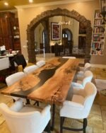 Full view of the Sylva Home custom walnut epoxy resin river dining table, model ET43, highlighting its design and finish.