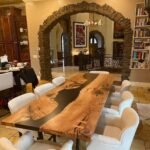 Top view of the Sylva Home custom walnut epoxy resin river dining table, model ET43