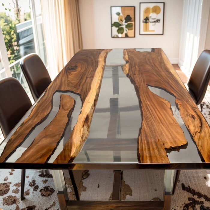 Full view of the Sylva Home custom walnut epoxy resin river table, model ET1, highlighting its overall design and finish.