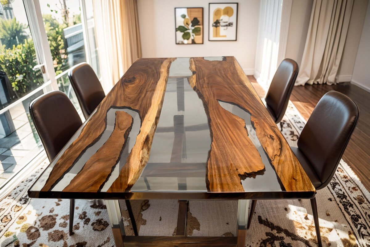 Side view of the Sylva Home custom walnut epoxy resin river table, model ET1, showcasing the table's edge and design.