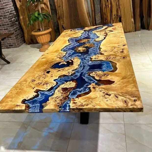 Top view of the Sylva Home custom walnut epoxy resin river table, model ET20.