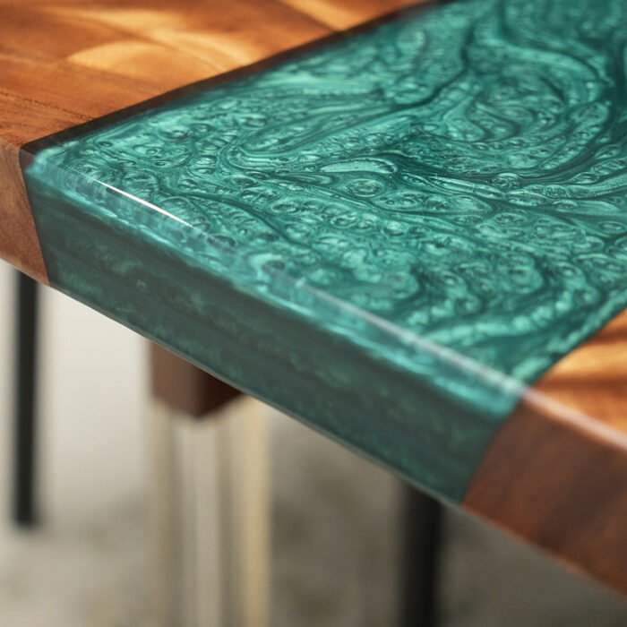 Detailed view of the river pattern created by the epoxy resin on the Sylva Home custom walnut tables, model ET6.