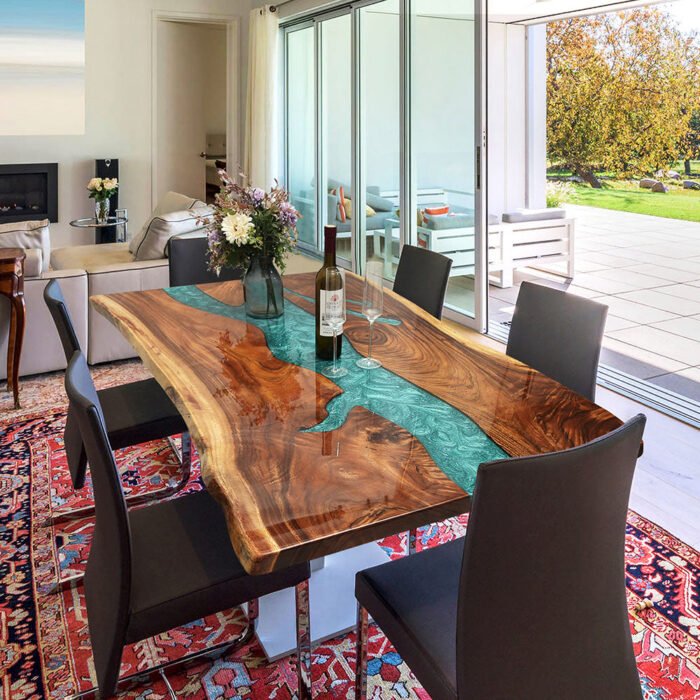 Side view of the Sylva Home custom walnut epoxy resin river tables, model ET6, showcasing the tables' edge and design.