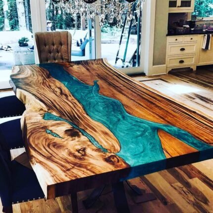 Top view of the Sylva Home custom walnut epoxy resin river tables, model ET6.